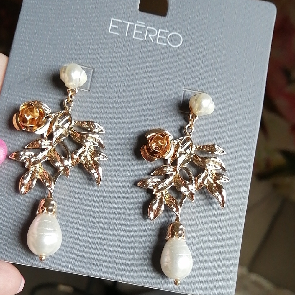 Etereo. Gold Tone and White Baroque Drop Earrings with Pearl Accents. New